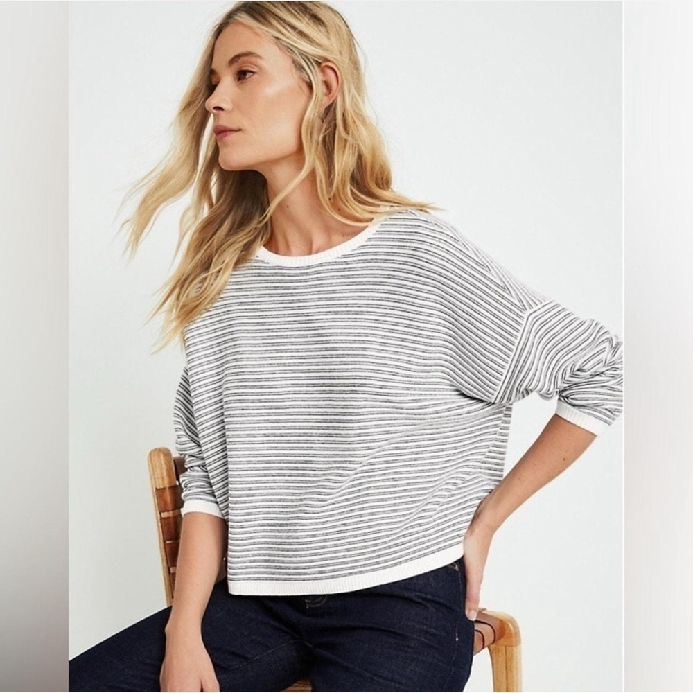 Eileen Fisher Organic Cotton Silk Striped Sweater Black White Minimalist Capsule